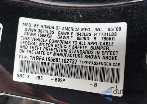 2008 Honda Civic Lx из США, поврежденный, VIN 1HGFA16568L102737